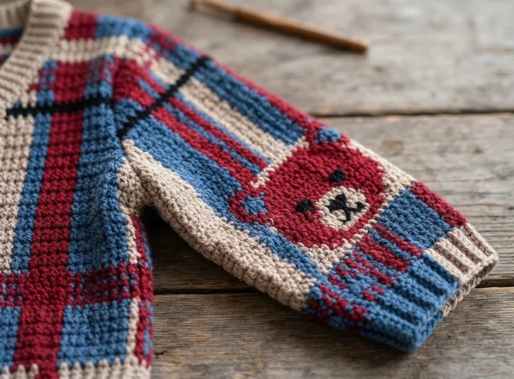 Folded crocheted garment piece in red, blue and cream plaid with a bear face motif worked into the fabric, resting on a rustic wooden table with a crochet hook behind it