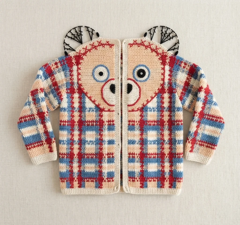 Flat-lay illustration of a crocheted plaid cardigan in red, blue and cream, its two front panels forming a bear face with dark eyes and a muzzle, with chart-style ear symbols above the shoulders.