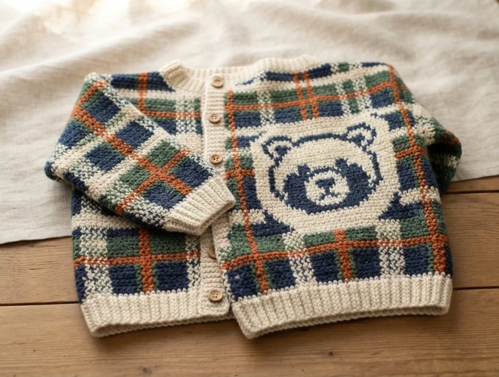 Crocheted cardigan folded flat, cream, navy and rust plaid with a bear motif on the front, cream ribbed hem, cuffs and collar, wooden buttons, resting on linen fabric and a wooden table.