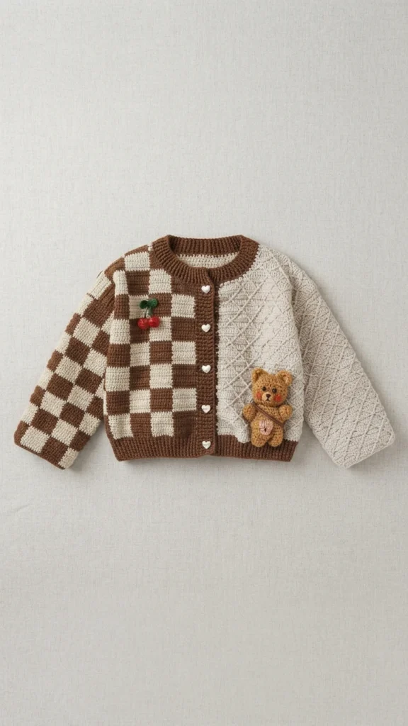 Flat lay of a crocheted child cardigan with a brown and cream checkerboard front panel, a cream textured panel, heart shaped buttons, a crocheted cherry and a small teddy bear applique