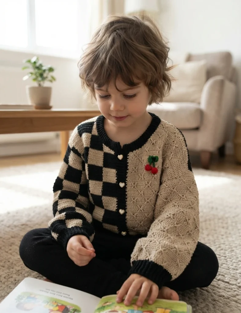 Young child sitting cross-legged on a rug reading a picture book, wearing a cream and black checkered crochet cardigan with heart shaped buttons, black ribbed collar and cuffs, and a small cherry applique on the right front.