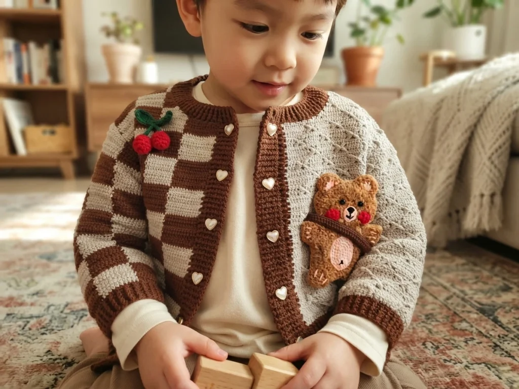 Young child sitting on a patterned rug wearing a crochet cardigan with a brown and cream checkerboard front panel, a light gray openwork panel, heart shaped pearl buttons, a crocheted cherry appliqué and a crocheted teddy bear appliqué, hol
