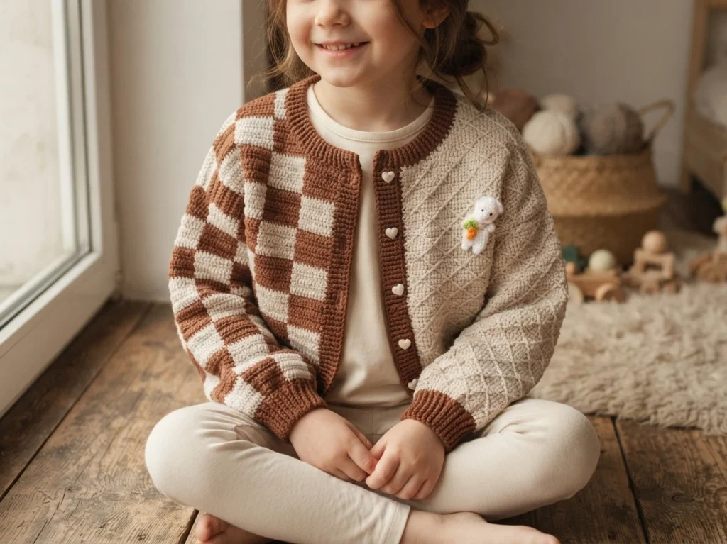 Young child sitting cross-legged and smiling, wearing a brown and cream checked crochet cardigan with heart shaped buttons and a small white bunny applique on the right front, in a warm room with a basket of yarn balls and wooden toys behin