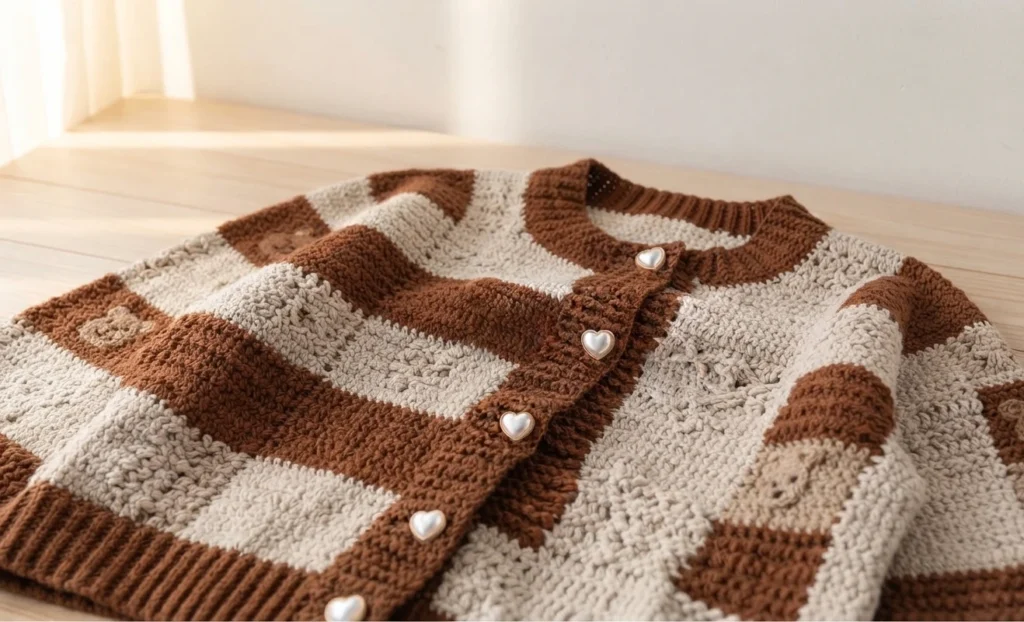 Finished brown and cream checked crochet cardigan folded on a light wood table, with pearl heart buttons down the front band and ribbed collar and cuffs.