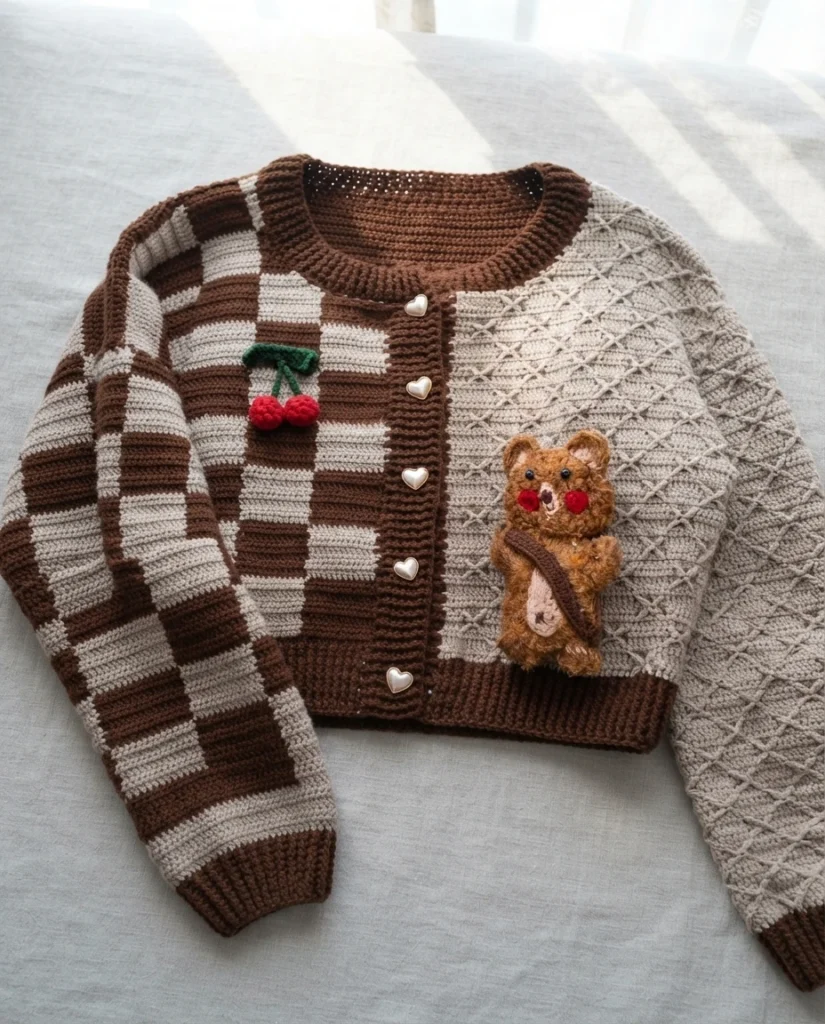 Crochet cardigan laid flat on a light fabric, showing a brown and beige checkerboard front panel and sleeve, a beige lattice-stitch side panel, brown ribbed neckline, cuffs and hem, pearl heart-shaped buttons, a crocheted cherry pair appliq