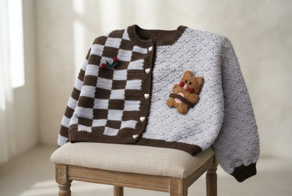 Crochet cardigan with a brown and cream checkerboard front panel, a lacy textured panel, brown ribbed collar, cuffs and hem, pearl heart buttons, a cherry applique and a teddy bear applique, draped over a wooden stool.