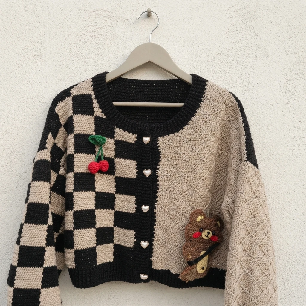 Crocheted cardigan on a hanger against a white wall, with one black and cream checkerboard front and one cream textured front, heart shaped pearl buttons, a cherry brooch and a teddy bear applique.