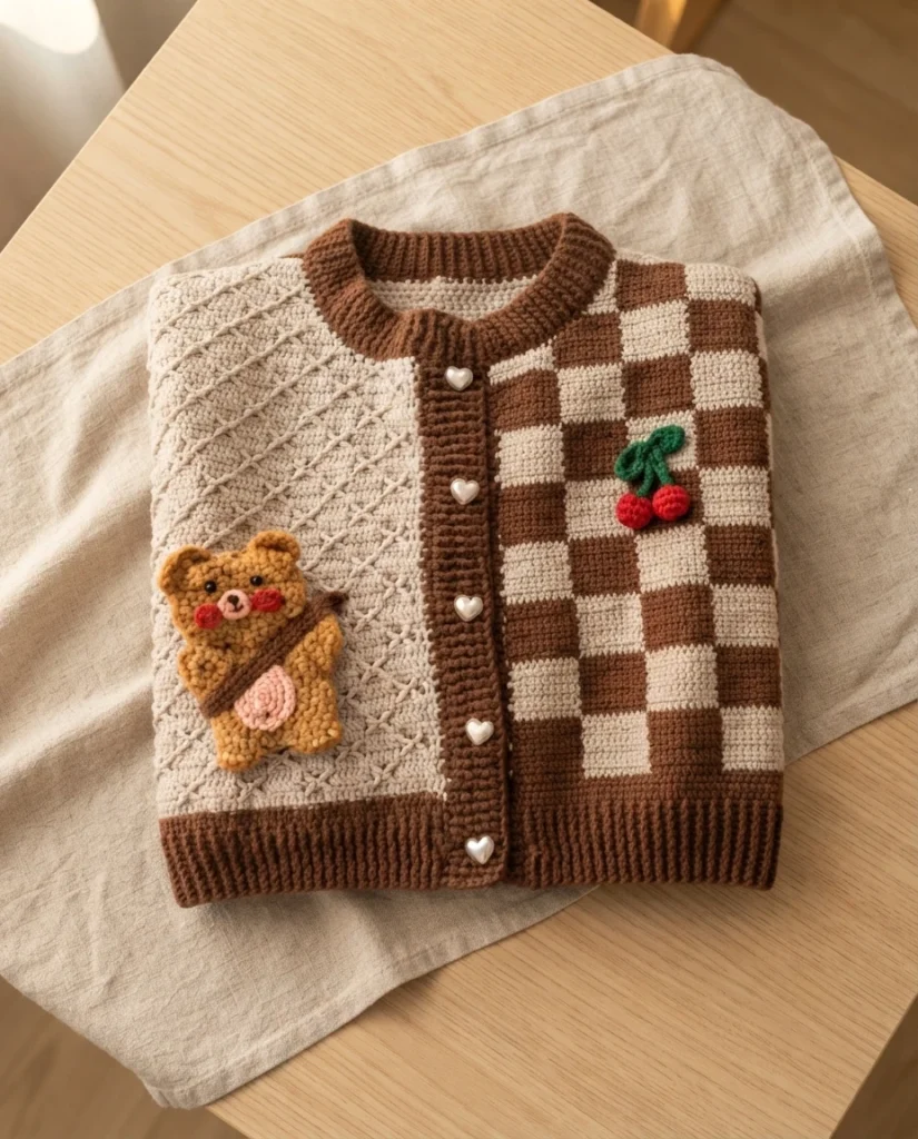 Finished crochet cardigan laid flat on a linen cloth over a wooden table, with a brown and cream checkerboard front panel, a cream diamond lattice panel, brown ribbed collar, cuffs and hem, heart shaped buttons, a crochet cherry applique an