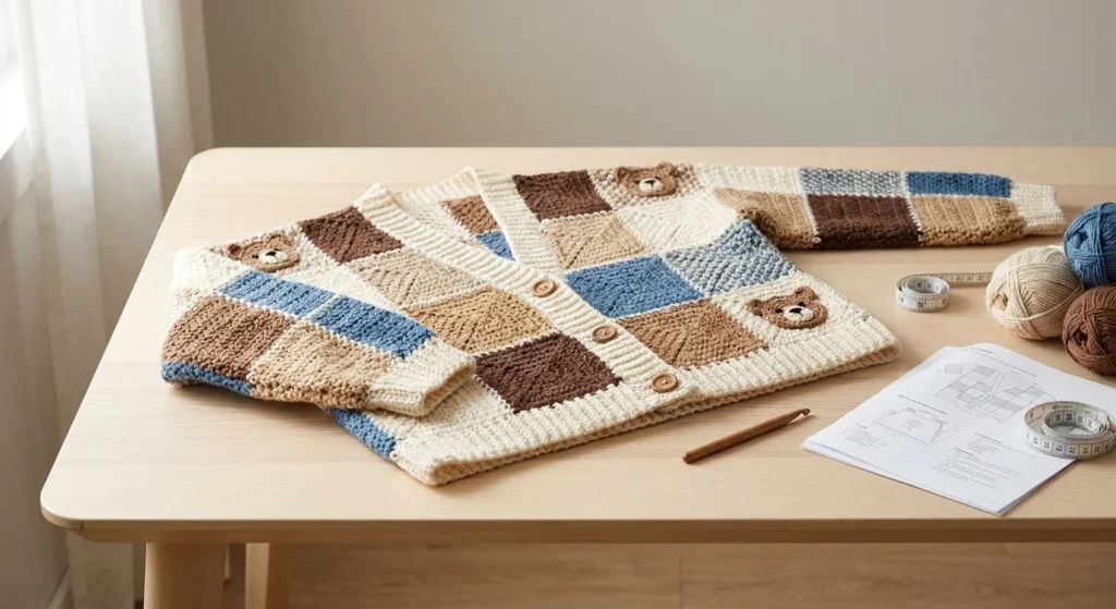 Crocheted patchwork cardigan laid flat on a light wood table, with blue, brown and cream squares, small bear motifs, wooden buttons and ribbed edges, surrounded by balls of yarn, a wooden crochet hook, a tape measure and printed chart pages