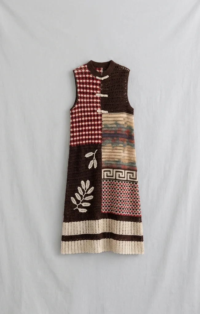 Sleeveless crochet patchwork dress laid flat on a light cloth, with brown, cream, red and white checked, striped and geometric panels, leaf motifs and small button closures at the neckline.