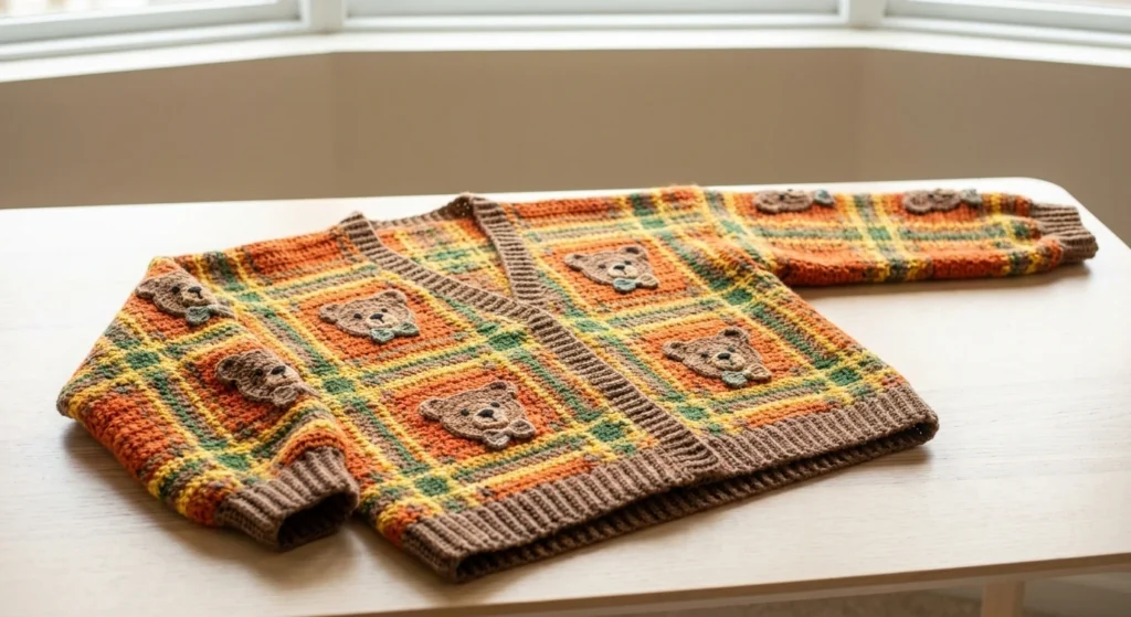 Crocheted plaid cardigan in orange, yellow and green with small teddy bear motifs and ribbed brown trim, laid flat on a light wooden table beside a window.