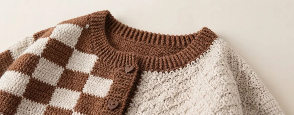 Close-up of a crocheted cardigan showing a brown ribbed collar, a brown and cream checkerboard front panel, a cream textured stitch panel and heart-shaped buttons on the front band.