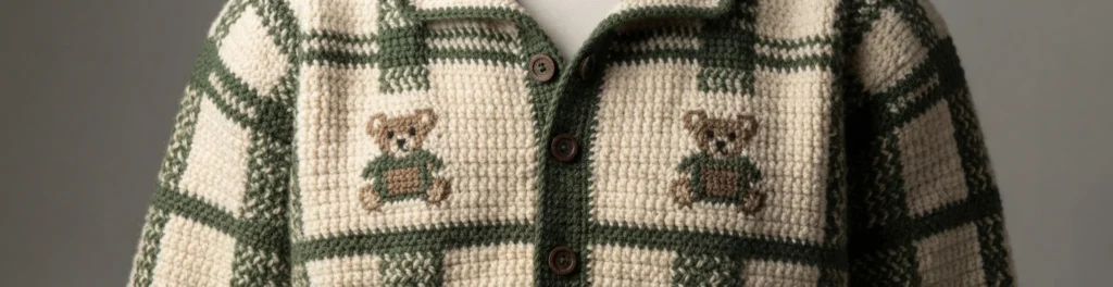 Close-up of a finished crocheted cardigan in cream and green plaid, with a buttoned front band, a folded collar and two small crocheted bear appliqués on the front panels.
