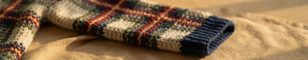 Close-up of a crocheted plaid panel in cream, red, green and navy, with a navy ribbed cuff, resting on tan fabric.