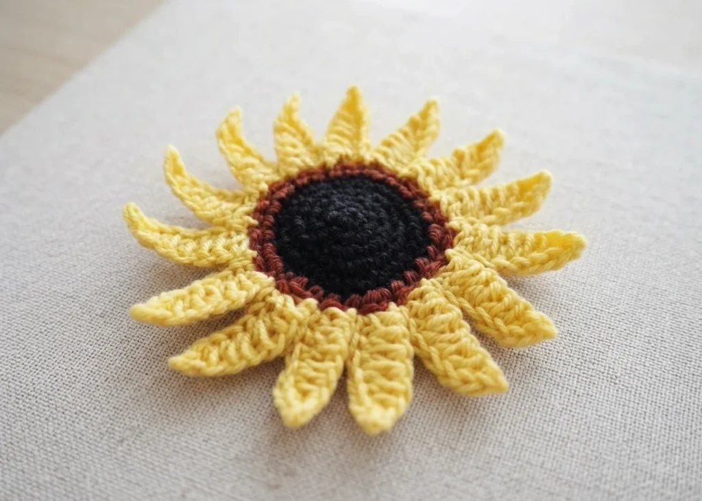 Crocheted yellow sunflower with black center and brown ring on light fabric
