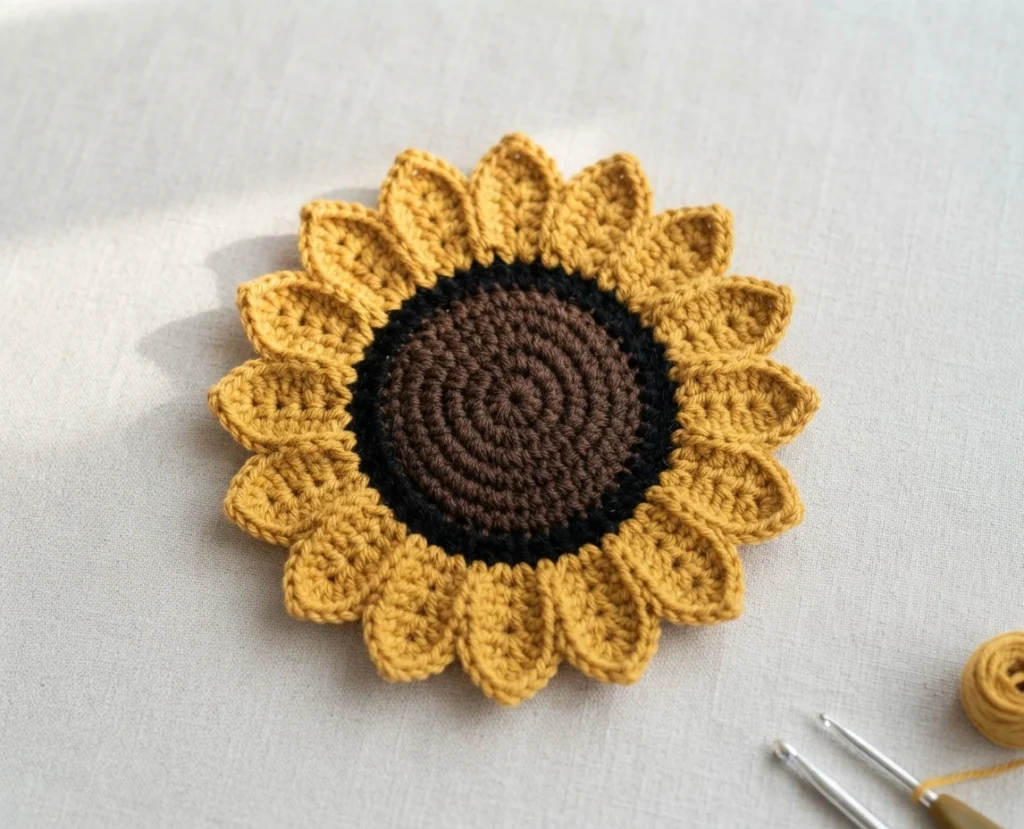 Crocheted sunflower with golden yellow petals around a brown center edged in black, displayed on light fabric with crochet hooks and yellow yarn nearby