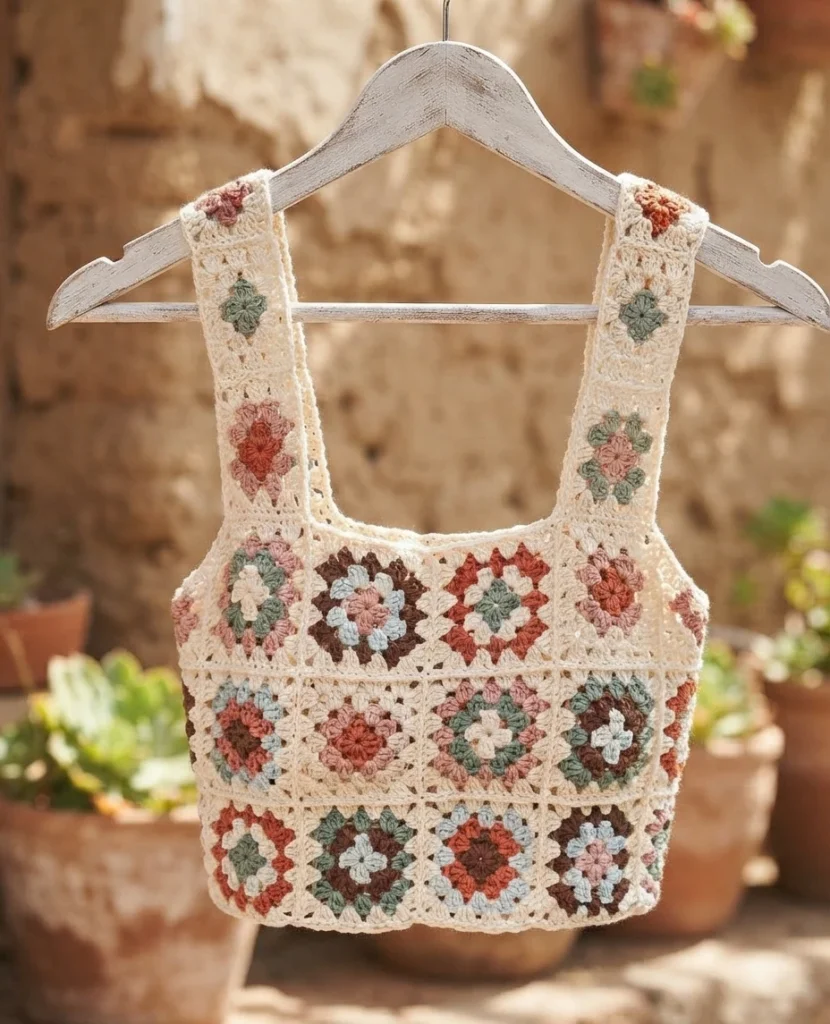A cream crochet top made of colorful granny squares hanging on a wooden hanger.