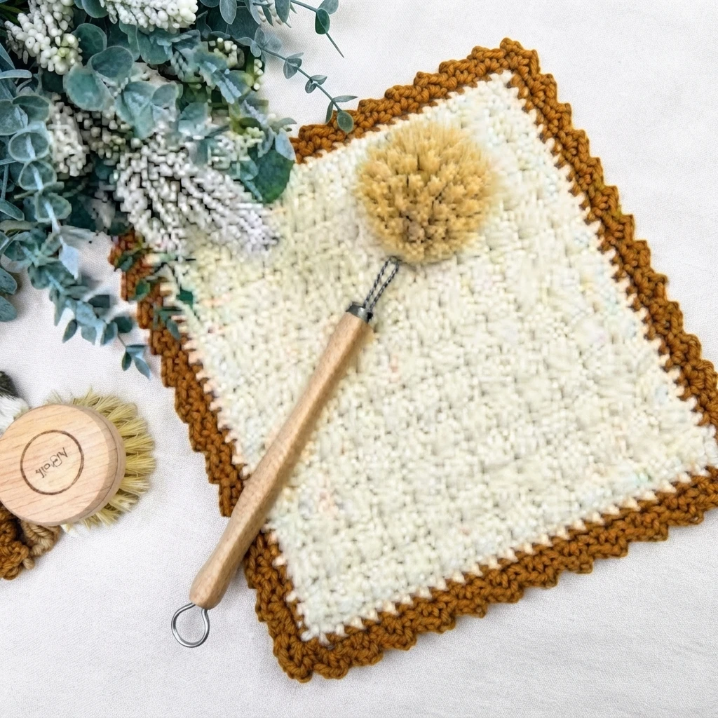 A cream crocheted square with a textured brown border, a wooden-handled crochet tool, and a small brush.