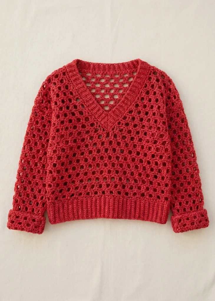 Red crochet V-neck sweater with openwork pattern and ribbed hem laid flat on a light background.