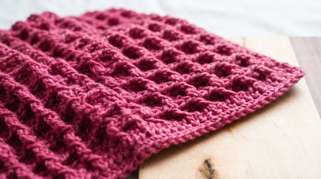 Close-up of a pink crocheted towel with waffle stitch texture resting on a wooden board.