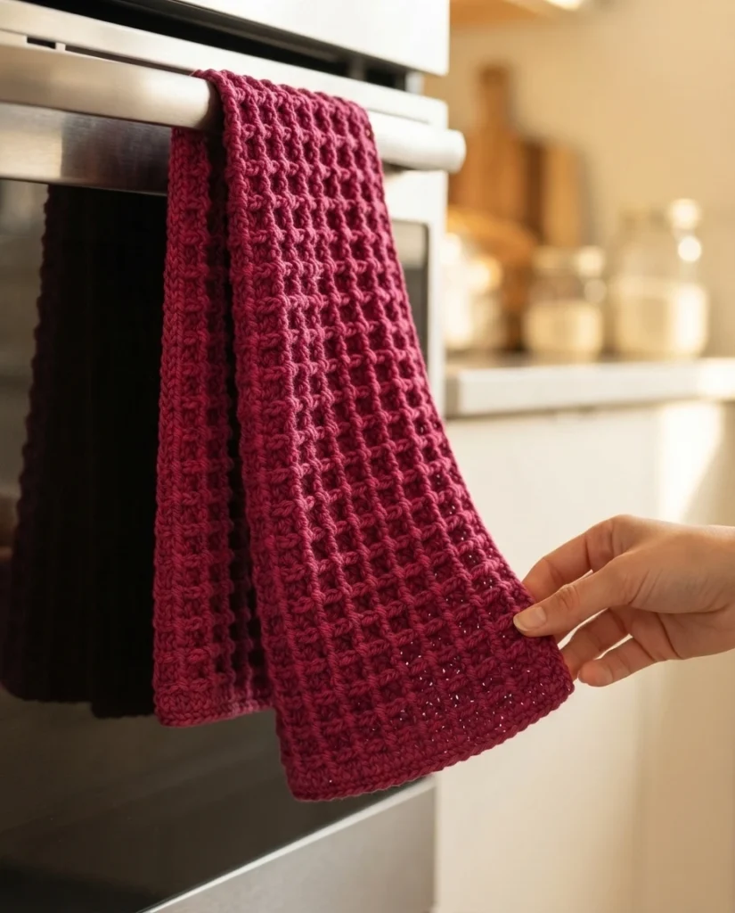 A magenta waffle-stitch crochet dish towel hanging over an oven handle, a hand gently holding its lower corner.