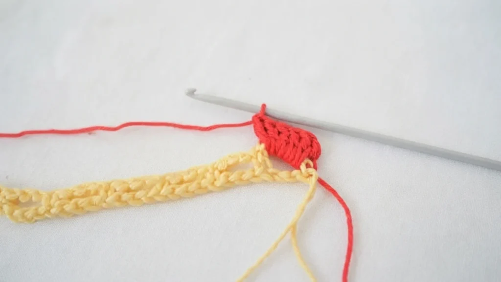 Close-up of a crochet hook with a yellow foundation chain and a small red crocheted rose motif in progress on a white background.