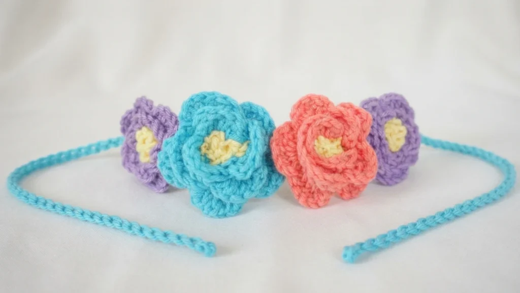 Crochet flower crown with four pastel flowers with yellow centers and light blue ties laid on white fabric
