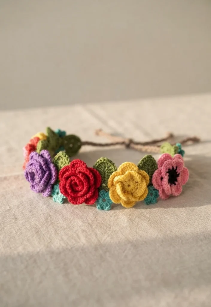 Colorful crochet flower crown with red, purple, yellow and pink roses and green leaves, laid flat on light fabric