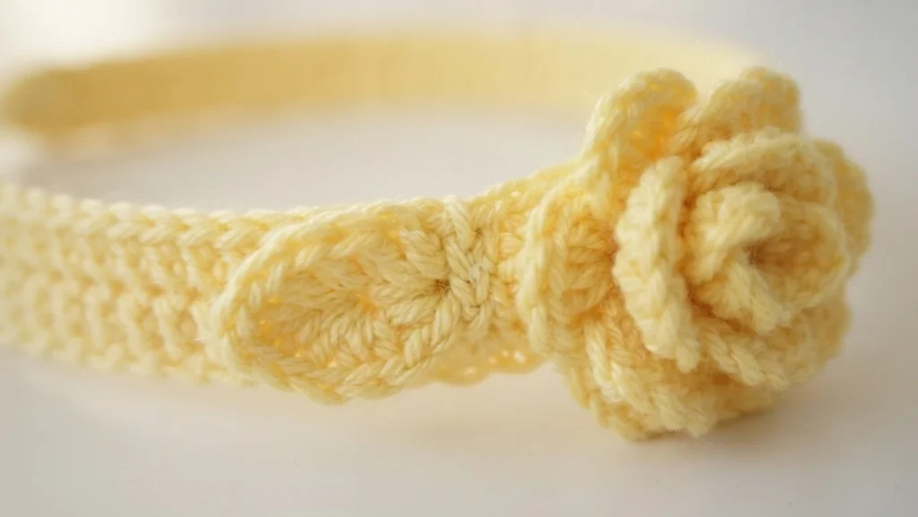 Close-up of a cream crocheted rose attached to a crocheted headband.