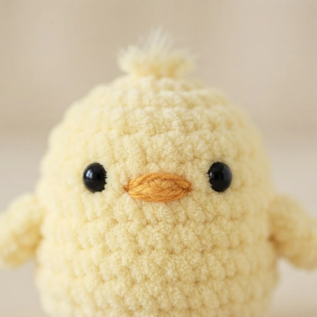 Close-up of a pale yellow crochet chick with black safety eyes, an orange embroidered beak, small side wings and a small yarn tuft on top