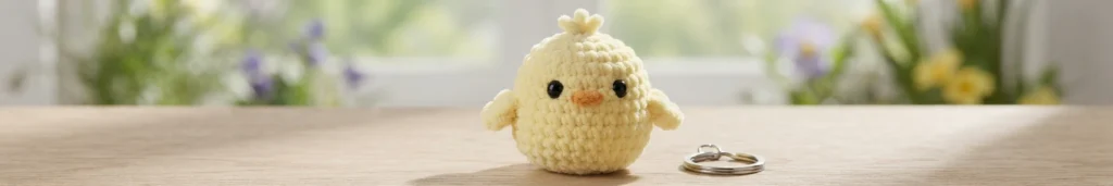 Pale yellow crochet chick with black eyes and orange beak standing on a wooden table beside a metal key ring, with blurred spring flowers in the background.
