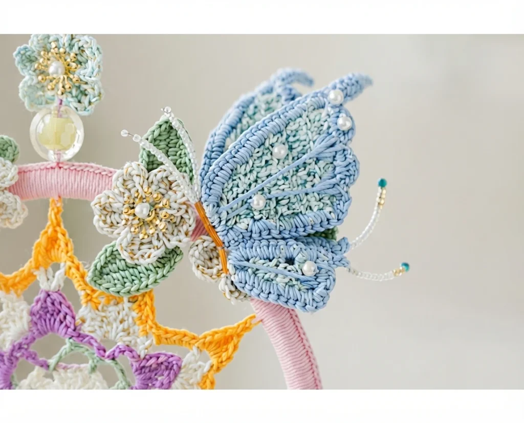 Close-up of a crocheted blue and white butterfly with pearl beads on its wings and beaded antennae, attached to a pink wrapped hoop next to a white and gold crocheted flower with green leaves, purple and orange crochet motifs and a transluc