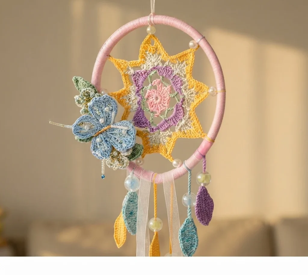 Crocheted dreamcatcher with a pink wrapped hoop, a yellow and purple star mandala center, a blue butterfly with green leaves, and hanging crochet leaves with beads and tulle ribbons.