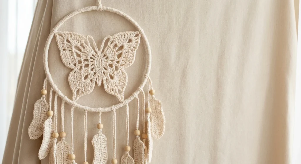 Cream crocheted butterfly dreamcatcher with a lace butterfly centered inside a wrapped hoop, hanging cords with wooden beads and crocheted leaf and feather shapes, shown against a beige fabric background.
