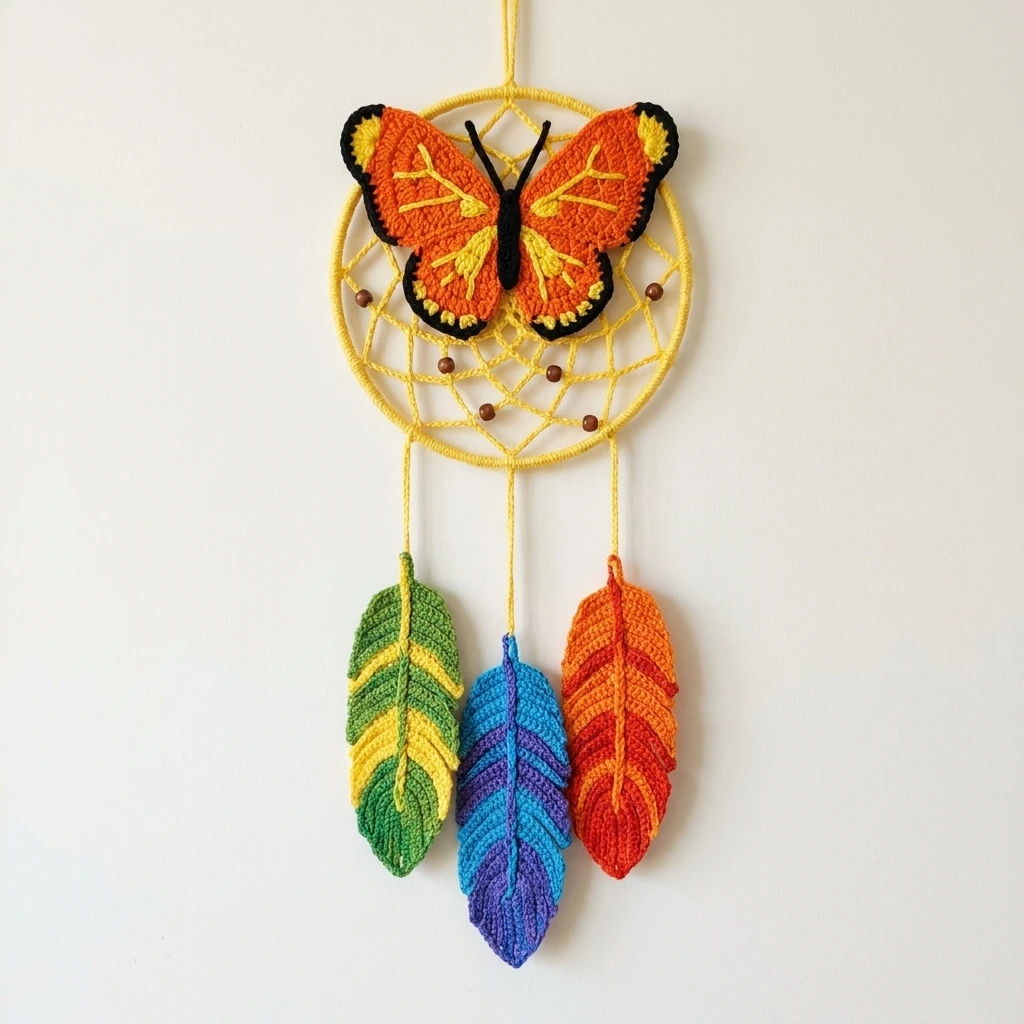 Crocheted dreamcatcher hanging on a wall: a yellow hoop topped by an orange and black butterfly, a woven web with small beads inside the hoop, and three crocheted feathers in green, blue and orange hanging below.