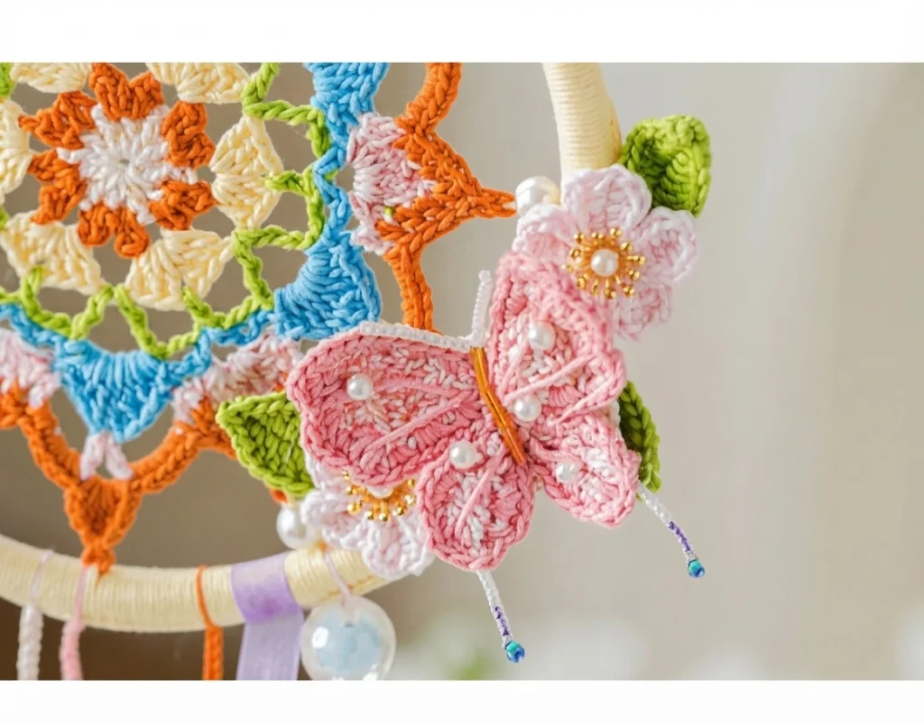 Gros plan d'un attrape-rêves crocheté : papillon rose orné de perles nacrées et fleur rose à coeur doré fixés sur un cercle entouré de fil écru, à côté d'un mandala crocheté orange, crème, bleu et vert, avec ruban violet et breloques perlée