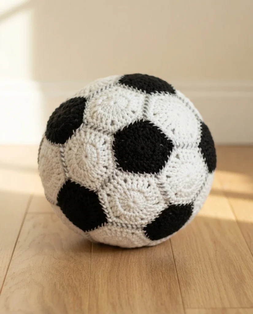 Crocheted soccer ball with black pentagons and white hexagons resting on a light wooden floor.