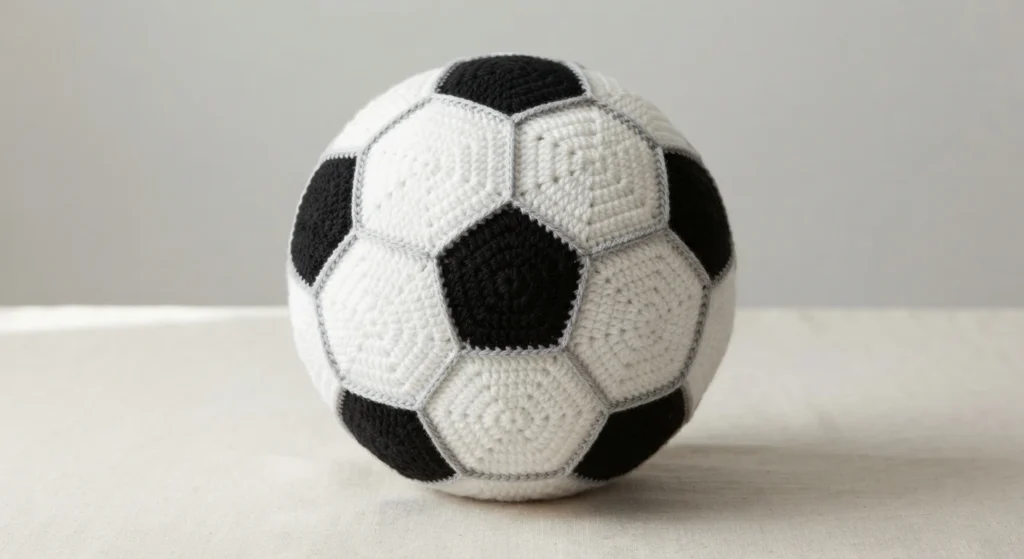 Crochet soccer ball with black pentagons and white hexagons joined with visible grey seams, resting on a light neutral surface