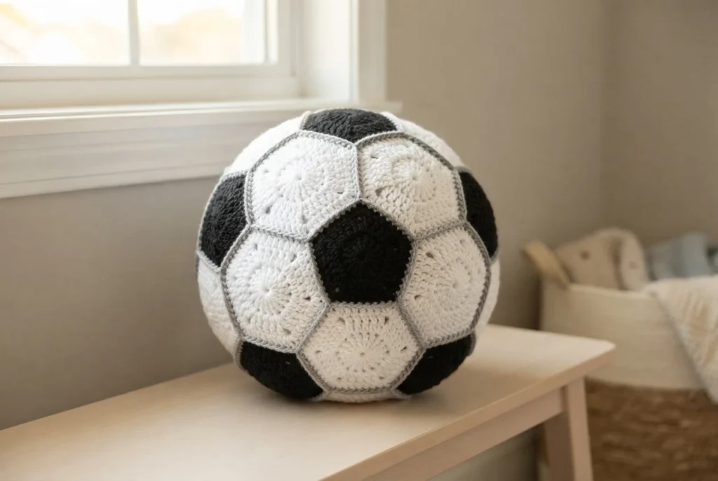 Crochet soccer ball pillow with black pentagons and white hexagons resting on a wooden bench near a window