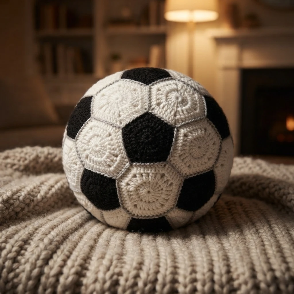 Crocheted soccer ball pillow with black pentagons and white hexagons resting on a knitted beige blanket in front of a fireplace