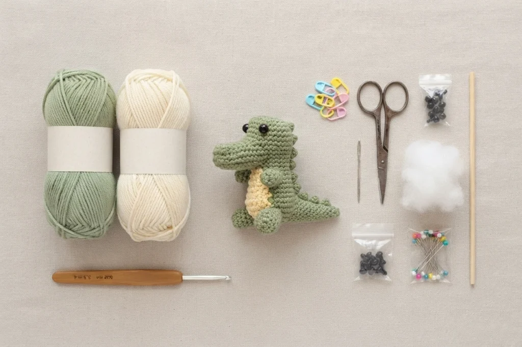 Flat lay of crochet supplies on a beige surface: two skeins of green and cream yarn, a wooden-handled crochet hook, a small green crocheted alligator with a cream belly, pastel stitch markers, scissors, a tapestry needle, a bag of black saf
