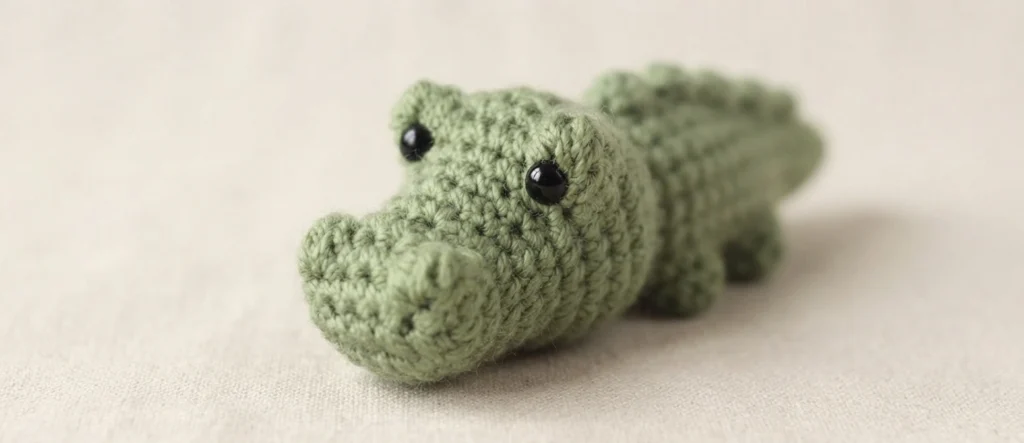 Small light green crocheted alligator with black safety eyes and a rounded snout, lying on a light fabric surface.