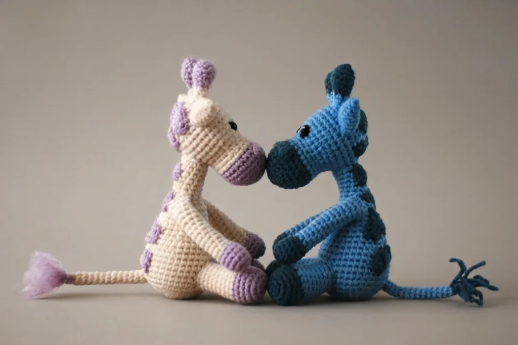 Two crocheted giraffes, one cream with purple spots and one blue with dark blue spots, sitting face to face with noses touching.