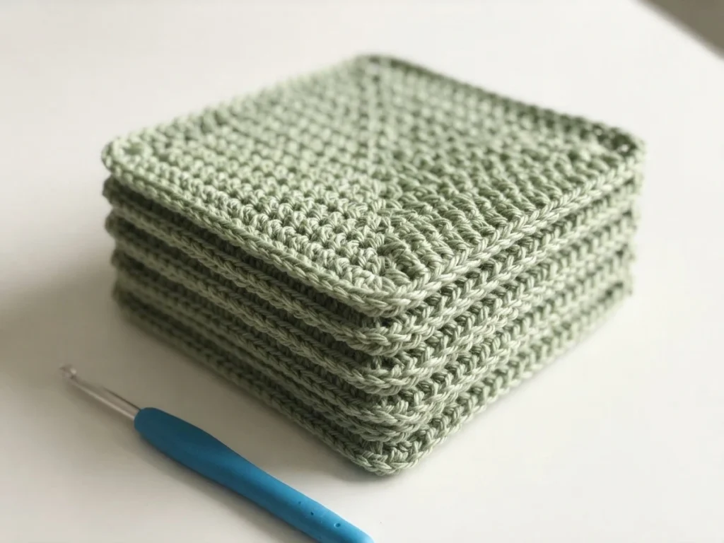 Stack of light green crocheted square washcloths with a blue crochet hook beside them on a white surface.