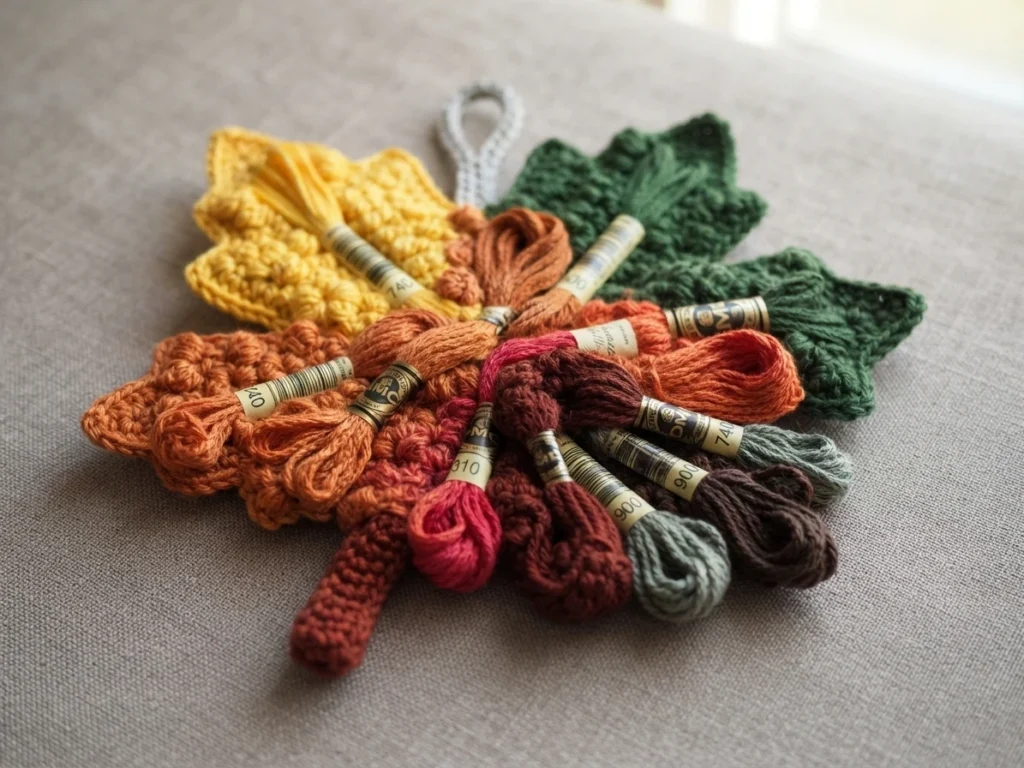 Crocheted autumn leaves in green, yellow, rust, and brown arranged with embroidery floss skeins on a neutral fabric surface.