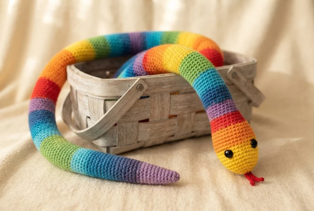 Crocheted rainbow striped snake with black eyes and small red tongue draped over a light wooden basket on beige fabric
