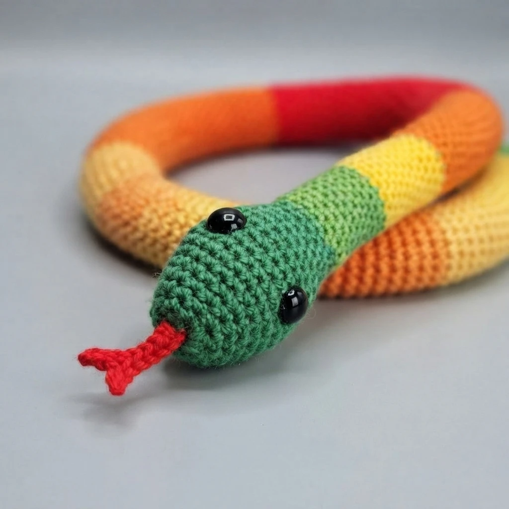 Crocheted rainbow snake with green head, black eyes and red forked tongue, coiled on a plain light background