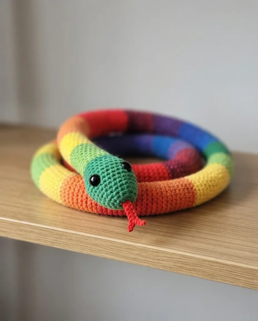 Large rainbow-striped crochet snake with green head, black safety eyes and red forked tongue, coiled on a wooden table