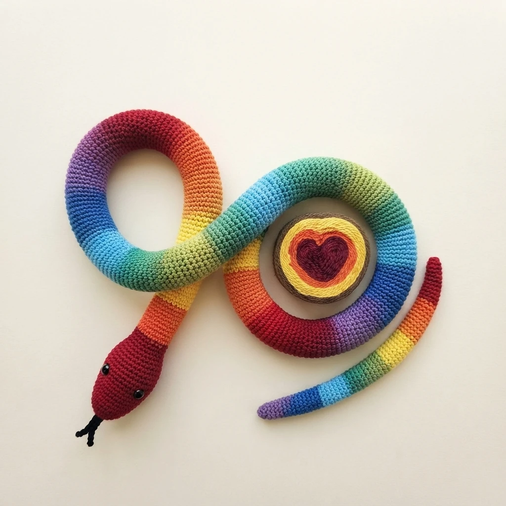 Crochet rainbow snake coiled around a multicolor yarn cake with a heart motif on a white background