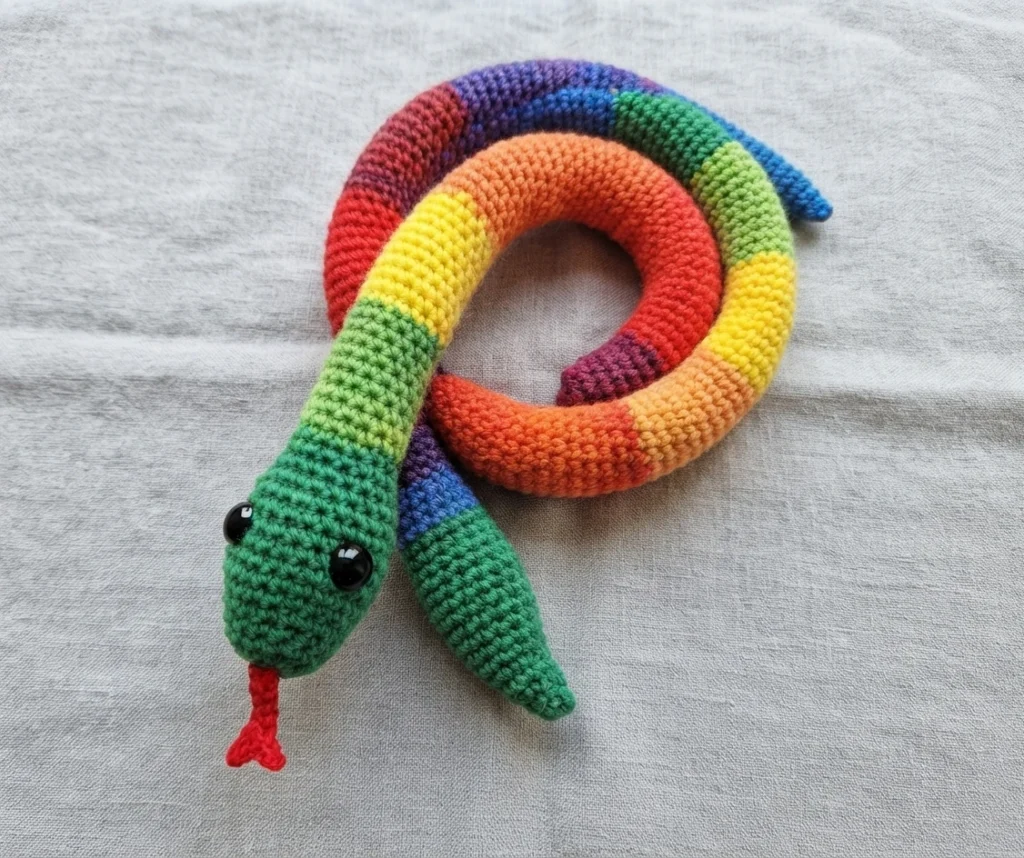Rainbow-striped crochet snake with a green head, black safety eyes and a red tongue, coiled in a spiral on light fabric.